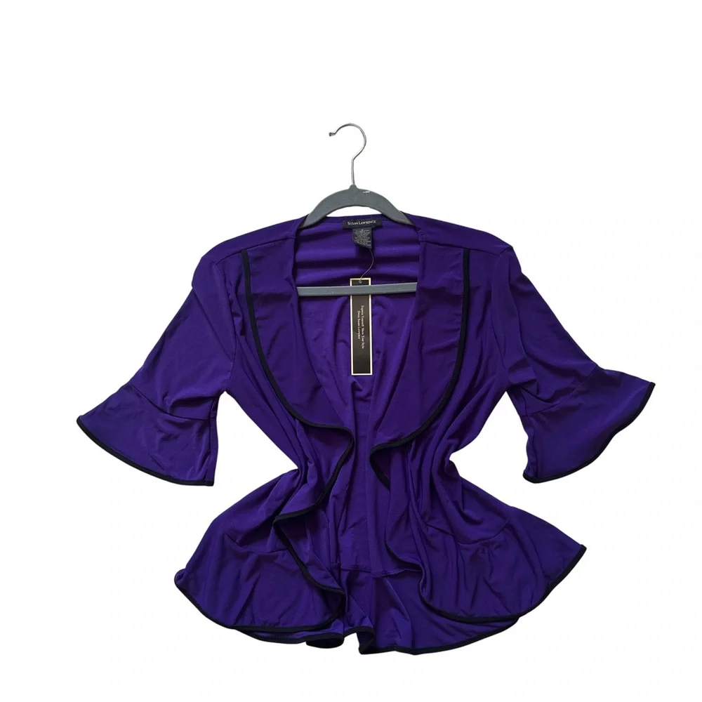 Purple Open Front Ruffle Cardigan Sz S Short Sleeve Black Trim Office Casual